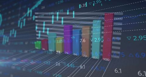 Colorful 3D Bar Chart Visualizing Financial Data with Neon Candlestick Grid Overlay