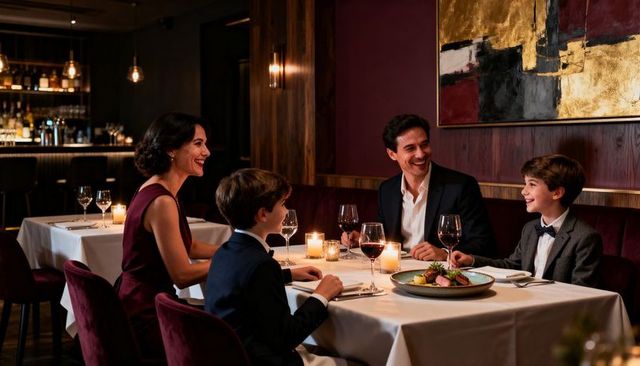 Elegant family dining and sharing laughter at candlelit upscale restaurant in formal wear