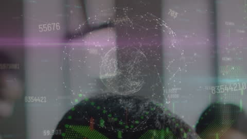 Digital animation showing a globe and data processing naturally integrates with the concept of a fit man running. This blend displays a modern representation of fitness technology and global connectivity. Suitable for use in fitness tech promotions, global connectivity advertisements, or representing data-driven fitness experiences in editorial designs.