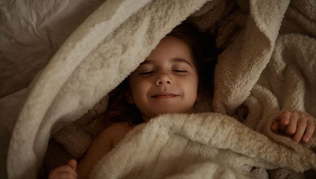 Child resting cocooned in plush beige blanket for cozy bedtime, warmth and comfort