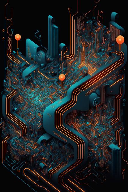 Image of 3d computer circuit board and orange light trails on dark background. Computing and data processing concept created using generative ai technology.