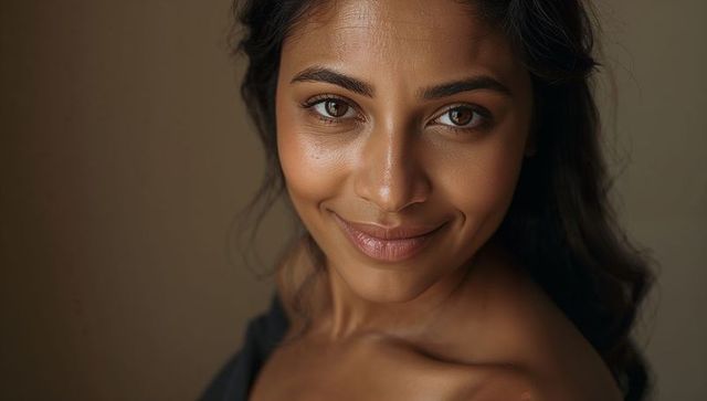 Smiling woman with glowing skin and soft gaze, warm studio portrait headshot