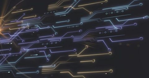 Flowing neon circuit traces creating depth on dark backdrop with glowing nodes