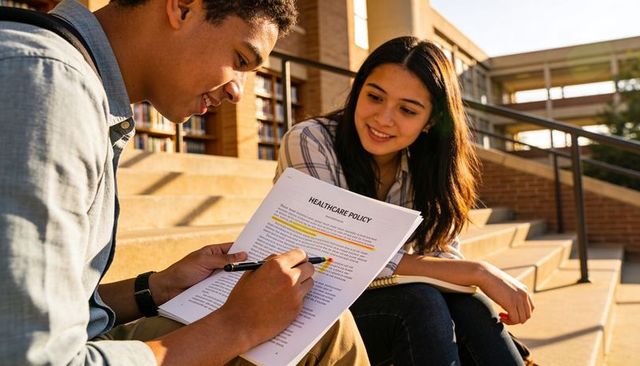 Students studying healthcare policy on campus steps highlighting document with notebook