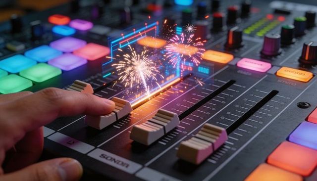 Mixing Console Fader Adjusting with Holographic Fireworks, Neon RGB Pads and Cinematic Glow