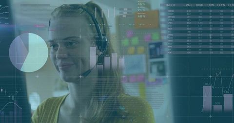 Answering Support Agent Wearing Mustard Dotted Top with Augmented Data Dashboard Overlay