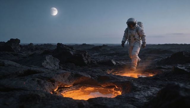 Moonlit astronaut walking across lava field with glowing volcanic craters