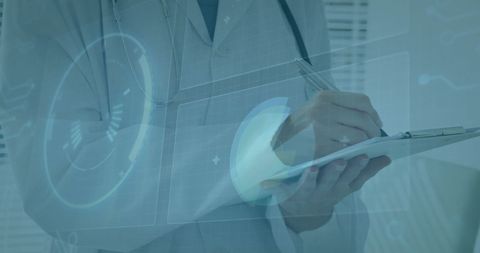 Doctor Analyzing Data on Digital Tablet with Futuristic Interface