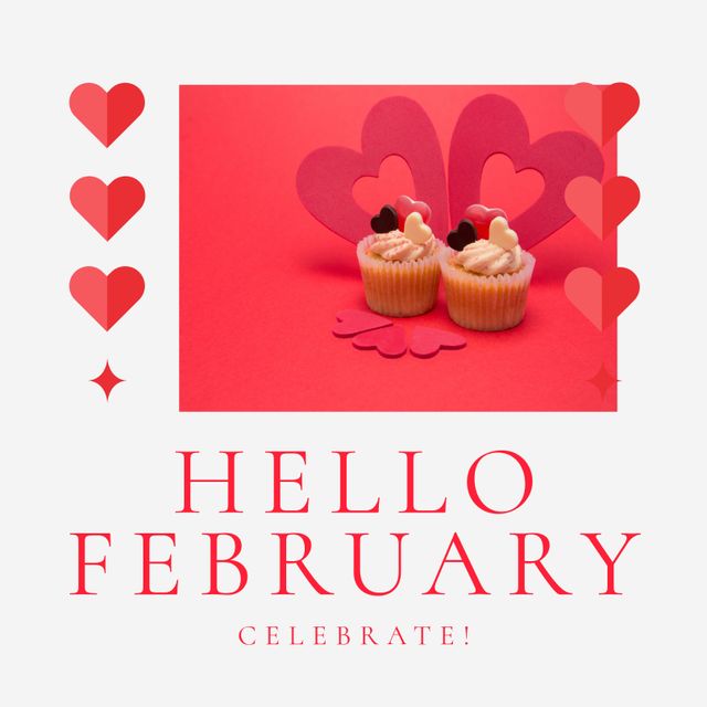 Composition of hello february text and cupcakes with hearts on red background. February, valentine's day, love and romance concept digitally generated image.