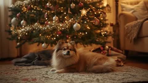 Curious Pomeranian by Festive Christmas Tree