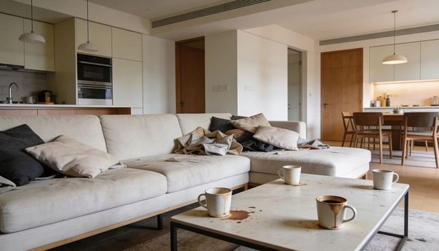 Beige L-shaped Sofa Showing Rumpled Cushions and Coffee-Stained Table in Minimal Room