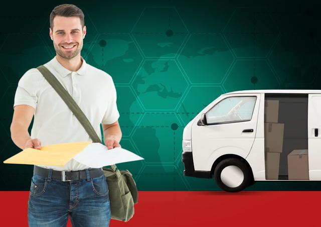 Smiling delivery man holding documents. Background features delivery van loaded with packages. Ideal for logistics, transportation services, and courier advertisement. Great for depicting professional and reliable parcel delivery services.