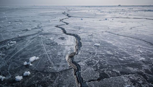 Aerial jagged ice fissure cutting across vast frozen sea with scattered snow floes
