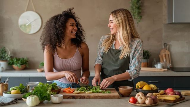 Friends laughing while chopping greens and prepping fresh produce on wooden board