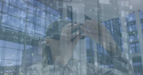 Woman Engaging in VR Technology with Financial Data Overlay