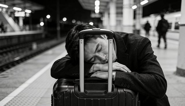 Tired commuter sleeping on suitcase at nighttime train platform noir travel exhaustion