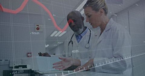 Doctors analyzing digital health analytics with red trend line overlay in hospital lab