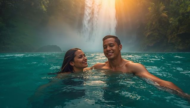 Couple Enjoying Refreshing Swim in Tropical Waterfall Paradise
