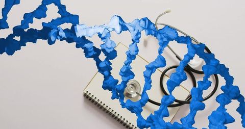 Blue dna helix overlay with stethoscope and notebook representing medical genetics