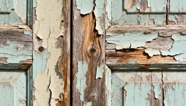 Peeling turquoise paint on weathered wood door panels showing rustic cracked texture