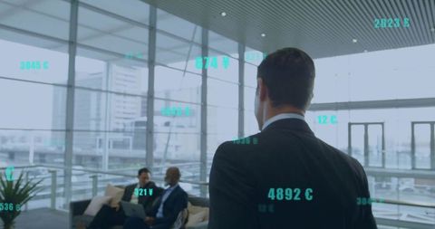 Executive Showcasing Financial Data Overlays in Modern Office Lounge