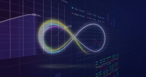Futuristic dashboard with glowing infinity symbol and data visualization