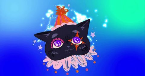 Whimsical Black Cat with Party Hat in Fantastical Setting