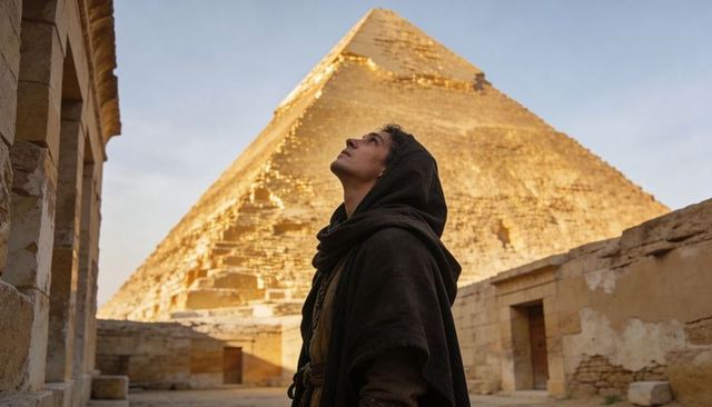 Wandering hooded traveler exploring giza plateau at sunset with great pyramid