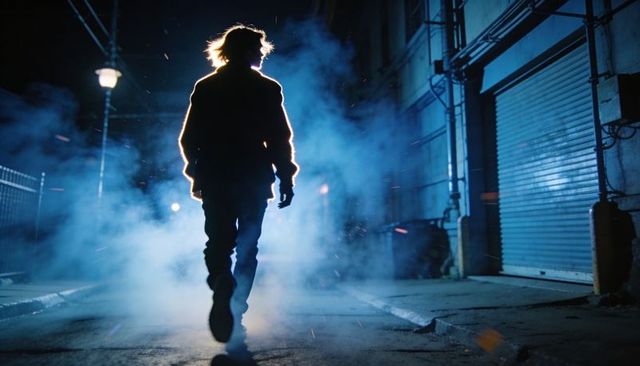 Walking silhouette backlit by bright light through foggy urban alley at night
