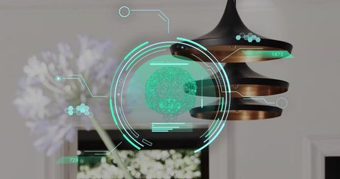 Projecting holographic interface over modern pendant lamp with purple agapanthus