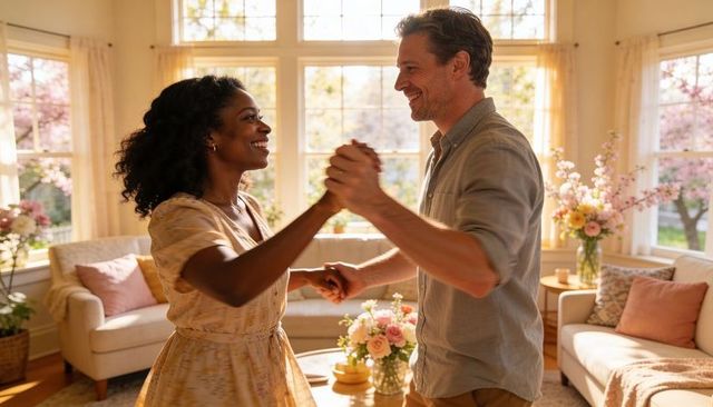 Couple dancing in sunlit cozy living room with floral bouquet and bay window