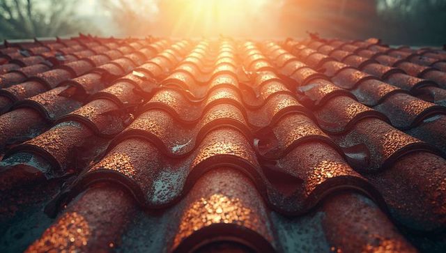 Sunlit Red Clay Roof Tiles with Morning Dew