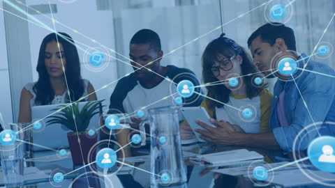 Diverse Team Collaborating in Modern Office with Digital Network