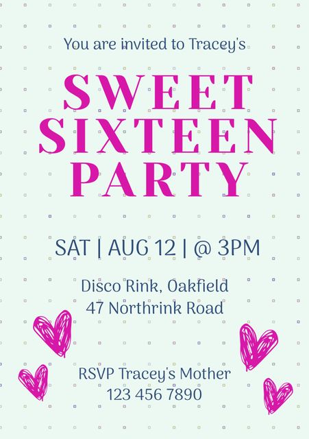 Perfect for inviting friends and family to a special sweet sixteen celebration. The vibrant pink text and hand-drawn hearts create a cheerful and festive atmosphere. Ideal for teens celebrating a milestone. Can be used by event planners, parents, or teenagers organizing their own birthday party.