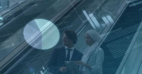 Business Professionals Analyzing Financial Data on Digital Screen Overlay