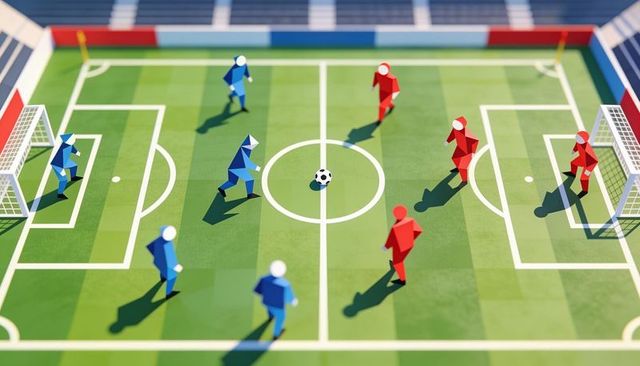 Overhead soccer match with blue and red teams playing on green pitch with ball