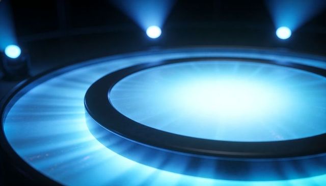 Glowing futuristic circular stage with concentric rings, cyan neon spotlights and haze