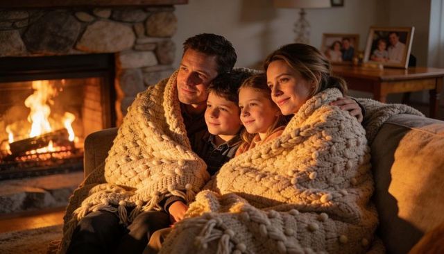Family snuggling on couch near stone fireplace under chunky knit blanket, cozy evening