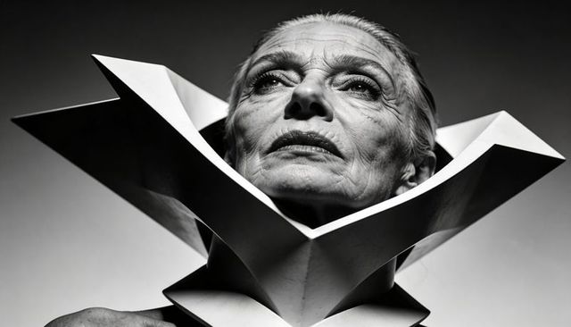 Senior woman posing with sculptural geometric collar in dramatic monochrome portrait