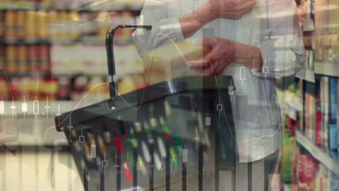 Senior Shopper in Grocery Store with Digital Data Overlay