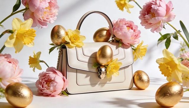 Cream leather handbag styled with gold eggs and pink peonies for luxury spring campaign