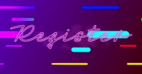 Neon cursive register sign pulsing on colorful gradient banner with glowing bars