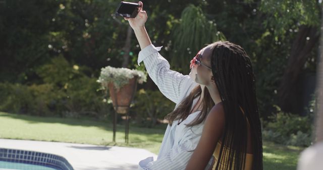 Friends Taking Selfie by Swimming Pool Outdoors in Summer - Download Free Stock Images Pikwizard.com