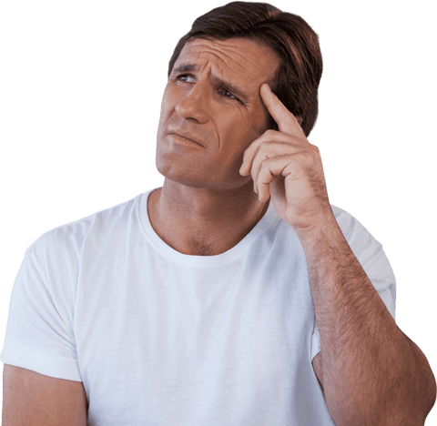 Mature Man in White T-Shirt Thinking with a Transparent Background