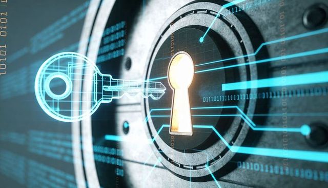 Glowing vault keyhole projecting holographic key and binary datastream, securing assets