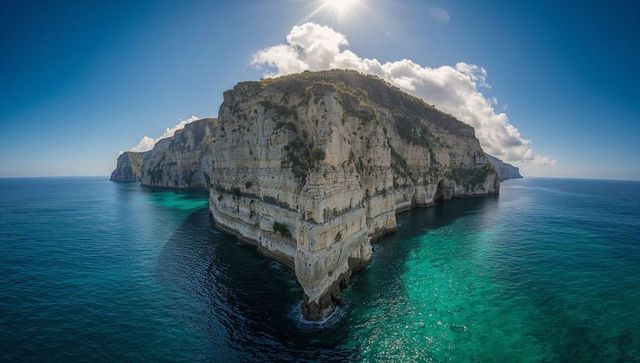 Sunlit limestone cliffs rising from turquoise sea with layered rock faces and sea caves