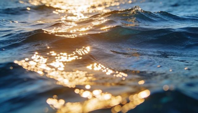 Shimmering sunlit ocean surface showing golden bokeh, wave crests, and rippling texture
