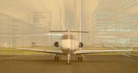 White business jet with futuristic digital code overlay on tarmac