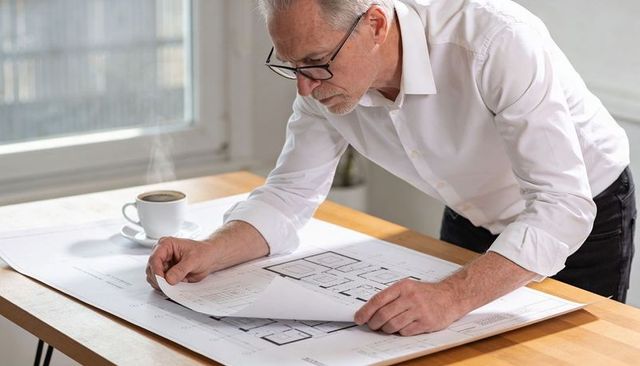 Senior architect reviewing blueprints on desk with steaming coffee planning focus
