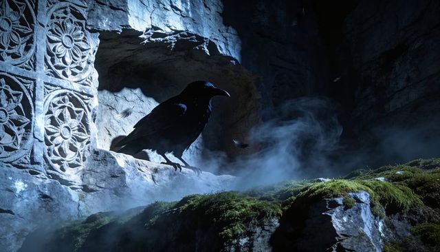Moonlit raven perching on mossy ledge in carved rock alcove with mist